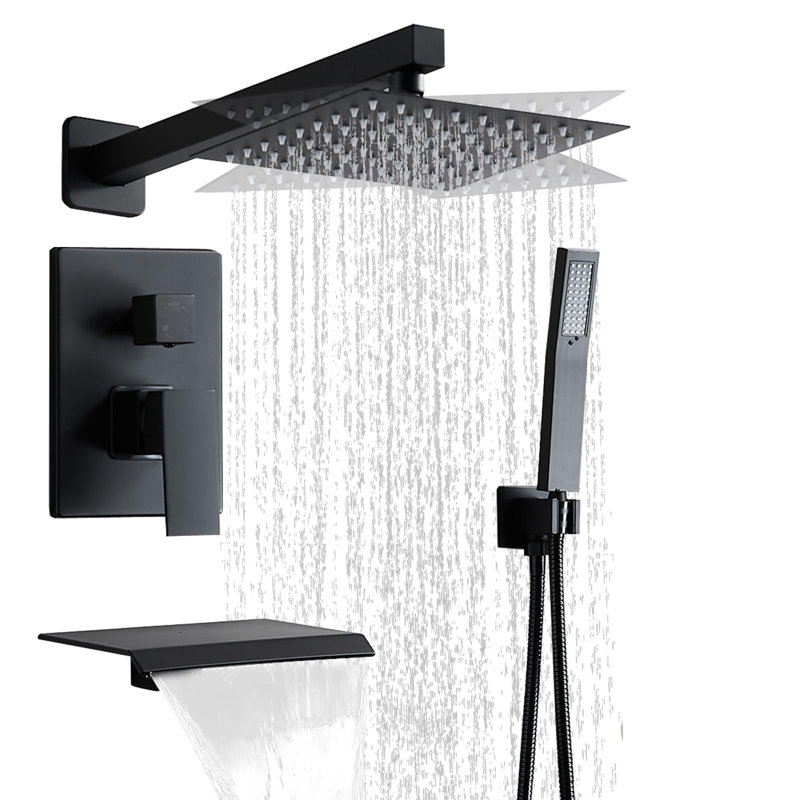 10 Inch Wall-Mounted Rainfall Shower System With High Pressure Handheld Shower Head, With Tub Spout, Sliver