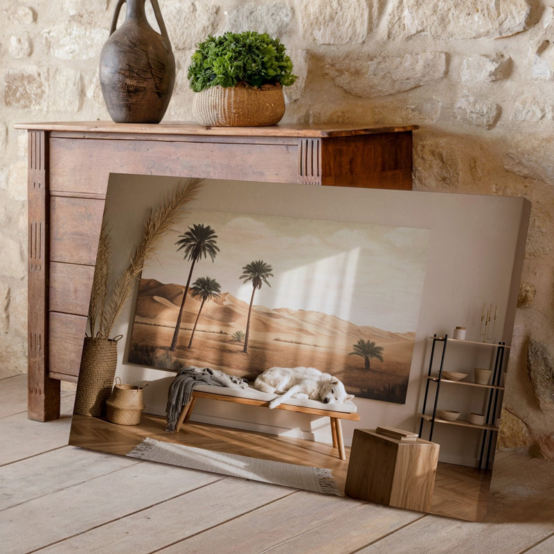 Reproduction d'art sur toile, "Une scène intérieure douillette" avec un banc en bois clair orné d'un jeté gris doux et d'un chien blanc décontracté