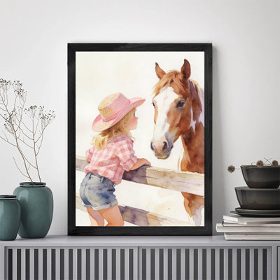 Elegant Framed Canvas Wall Art with Black Wooden Frame Little Girl Looking Horse Stylish Wall Decor for Home Decor Contemporary Interiors