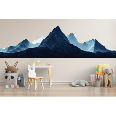 Blue Mountain Office Wall Mural – Modern Panoramic Mountain Range Wallpaper For Workspace, Home Office Or Conference Room 088Mv