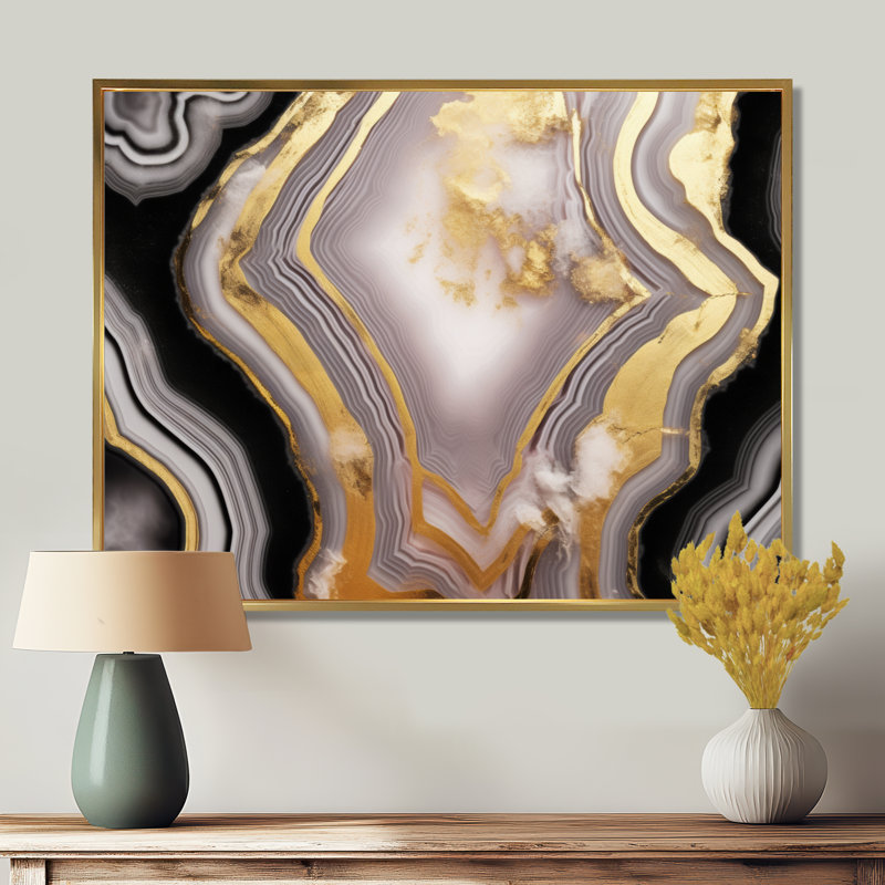 Opulent Glam Agate noir doré II - salon d'art mural en marbre, Cadre flottant doré, H 20 po x l 12 po x P 1 po