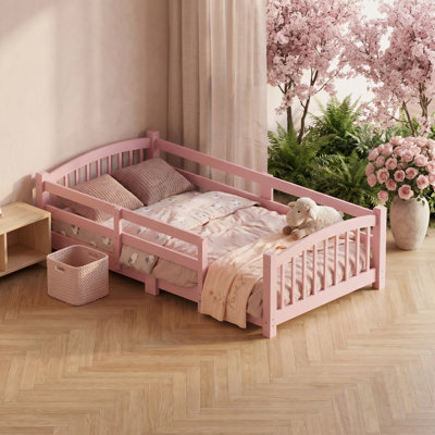 Soft Pink Twin Montessori Low Floor Bed, Solid Wood Toddler Bed with Full Surround Safety Railings, Slat Base Kids Bed