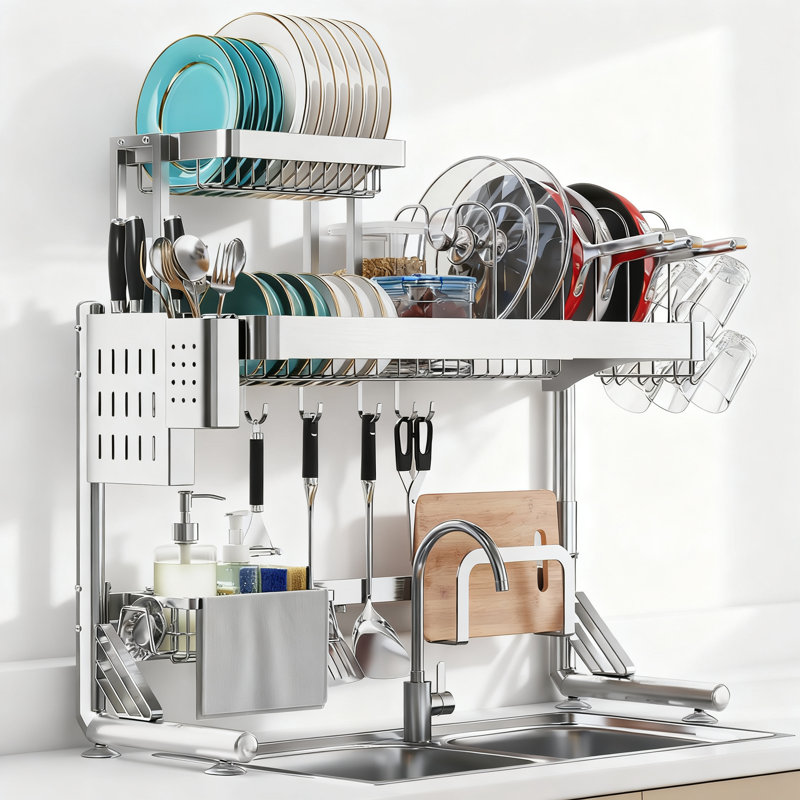 Over Sink Dish Drying Rack 2.5-Tier Stainless Steel Adjustable Length Kitchen Drainer With Pots Pans Rack Counter Organizer