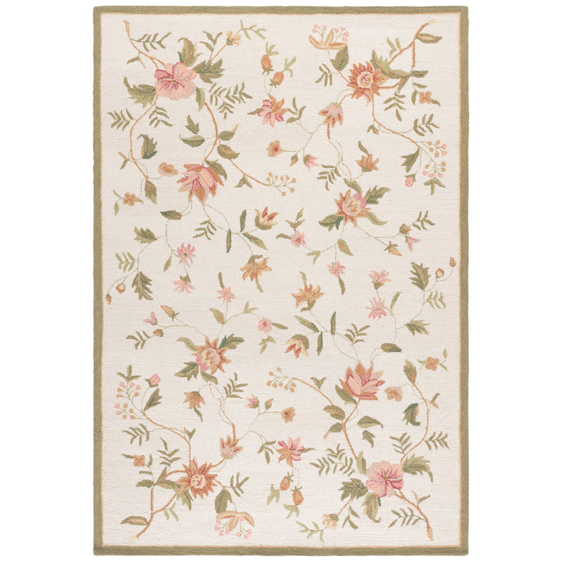 Kinchen Hand Hooked Wool Floral Rug, Rectangle 8' x 10', Beige