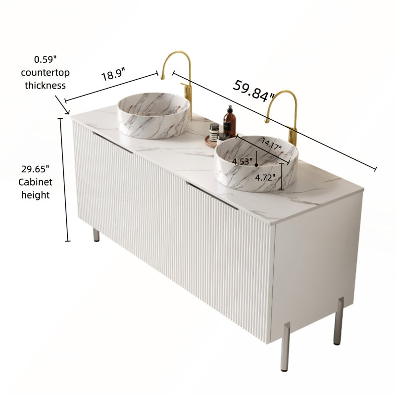 Meuble-lavabo autoportant avec 4 portes et plateau blanc Carrara pour salles de bain modernes et spacieuses