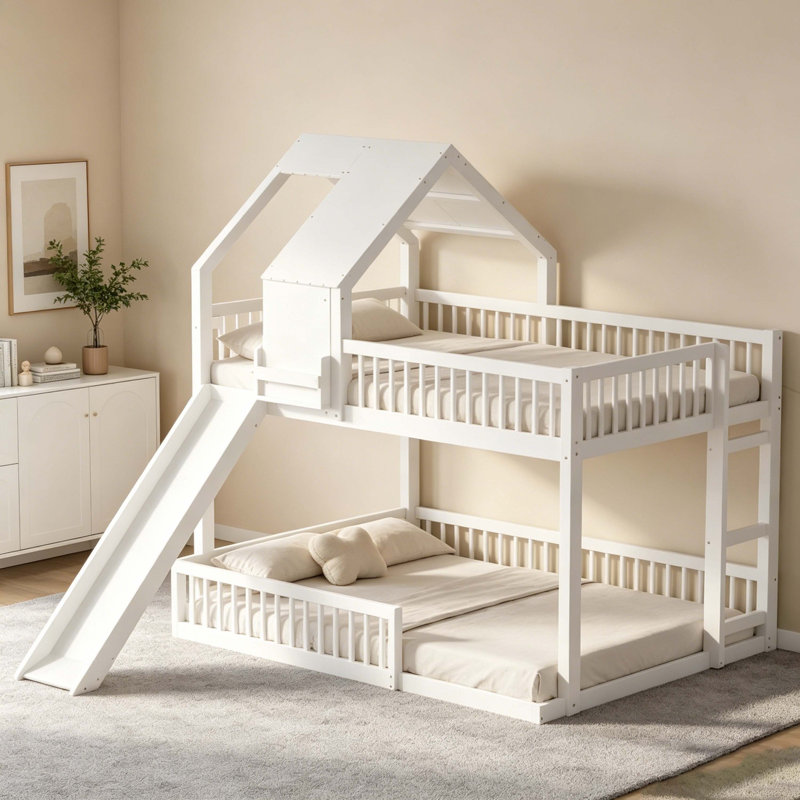 Full XL Over Queen Floor House Bunk Bed with Slide & Built-In Ladder, White Solid Wood Kids Bed Frame with Full Guardrails, 400/600lbs Capacity