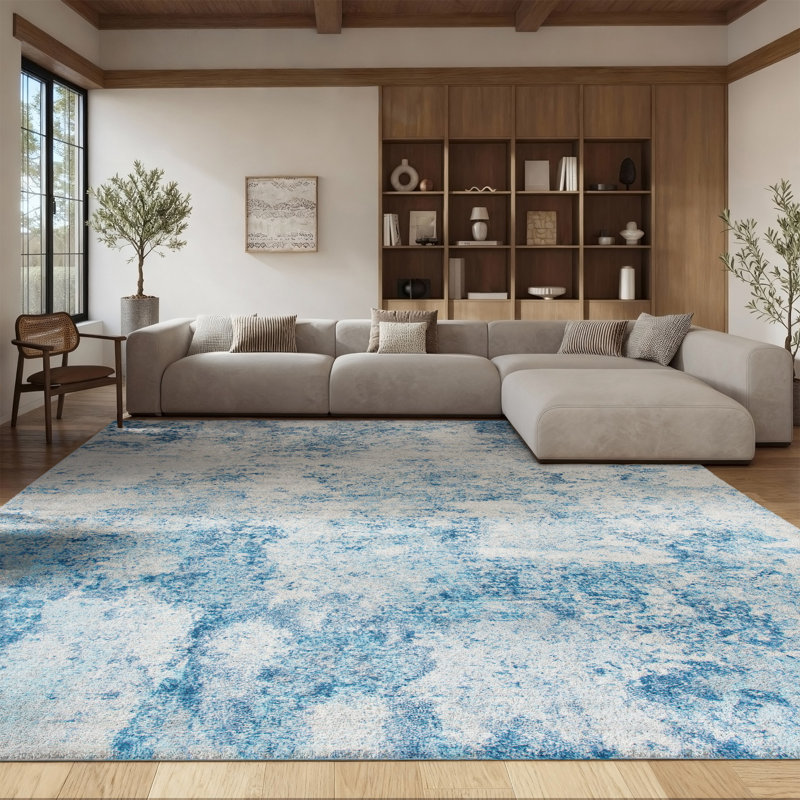 Tapis abstrait gris clair / bleu N'Keal, Navy/Ivory, Rectangle 8 pi x 10 pi