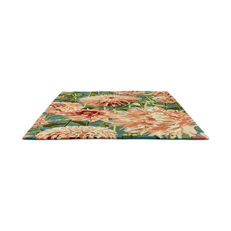 Wool Floral Area Rug in Green/Blue/Light Orange, Rectangle 4'7" x 6'7"