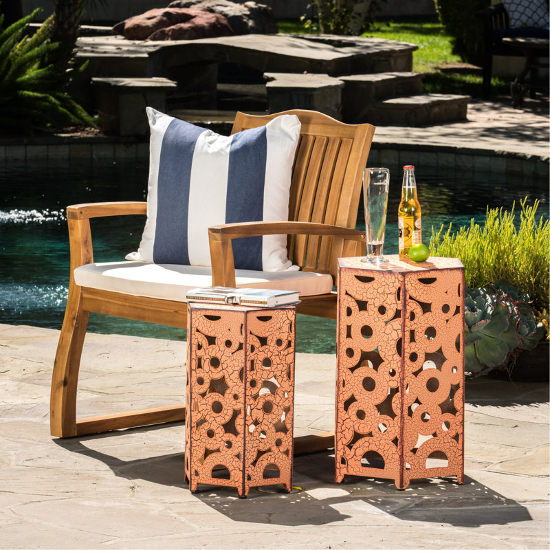 2 Accent Tables, Orange Iron Tables For Indoor And Outdoor Use, 14.05" D X 12.77" W 22" H & 12" 10.50" 18.25" H, No Assembly Needed, Romantic Style 2pcs Areas, 14.05"depth 12.77"width 22"height