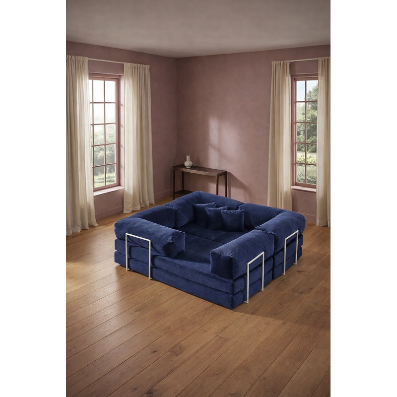 Canapé modulaire en L en velours bleu avec assise basse, Bleu