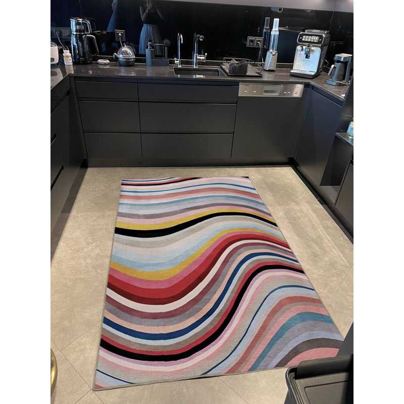 Light-Toned Multi-Colored Wave Patterned Creative Modern Decorative Rug, Rectangle 4'11.06" x 7'6.55"