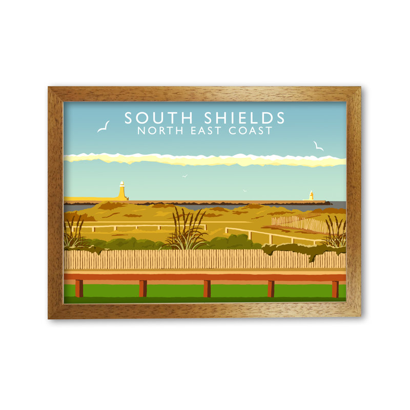 South Shields North East Coast by Richard O'Neill - Print, 21cm H x 29.7cm W x 3cm D, Honey Oak Framed