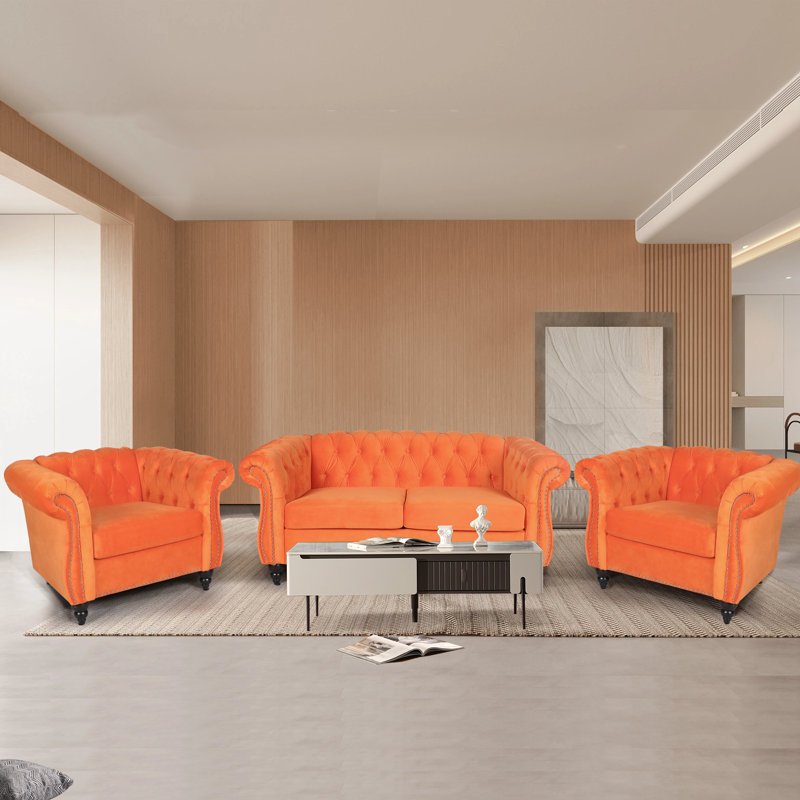 Ensemble de salon en velours 3 pièces Ethanjames, Velours orange