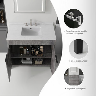 Meuble-lavabo autoportant de 91 cm avec lavabo, porte à fermeture amortie, comptoir et dosseret en marbre synthétique blanc de Carrare de 1,5 cm d'épaisseur, contreplaqué