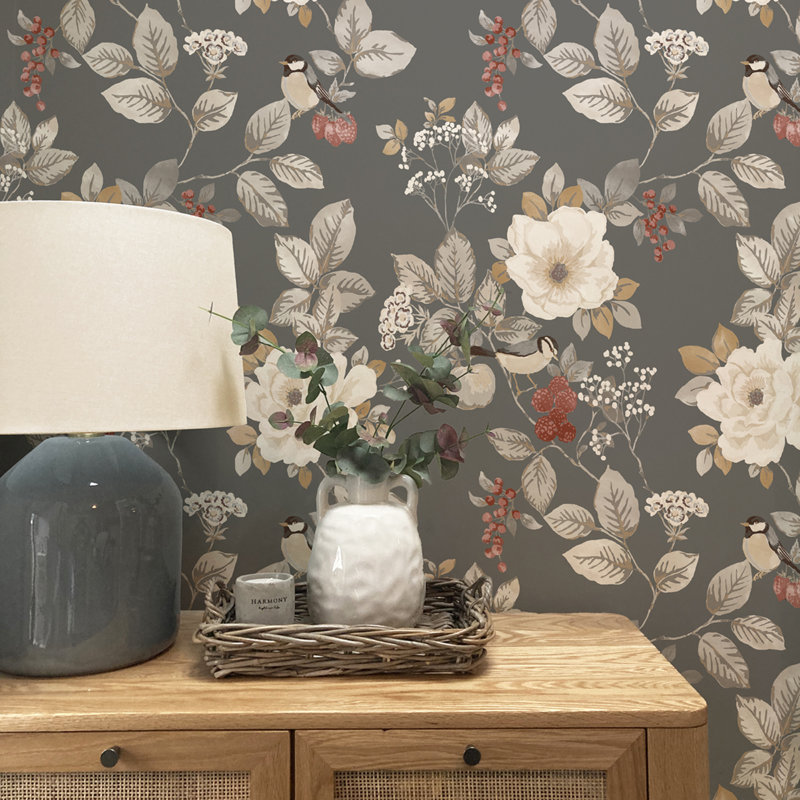 Papier peint floral Bramble, Gris anthracite