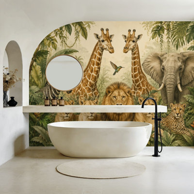 Papier peint adhésif à peler et coller, animaux de la jungle, lions, girafes, éléphant, zèbre, feuilles tropicales, papier peint, H 100 po x l 144 po, papier mural amovible en PVC, autocollant, pour chambre à coucher, salon, bureau à domicile
