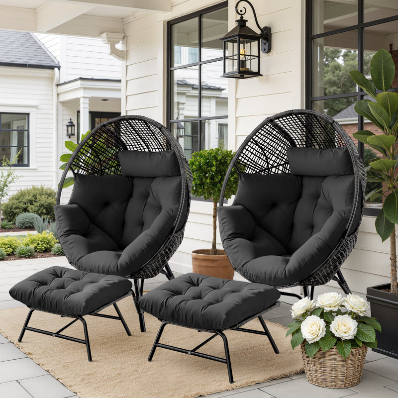 All-Weather Wicker Outdoor Indoor Patio Egg Lounge Chair with Ottoman (Set of 2), Gray