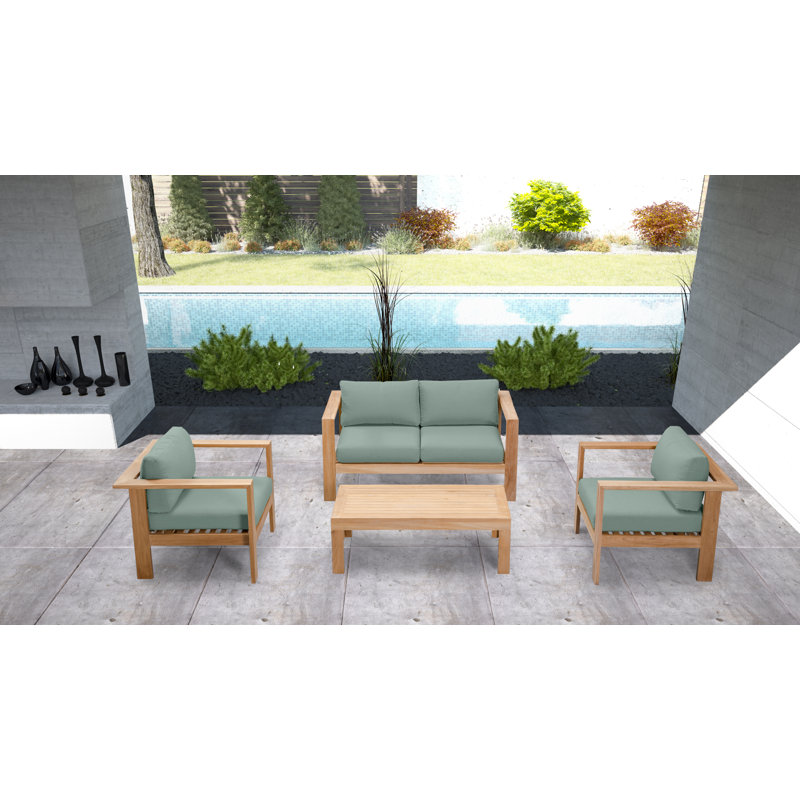 Ando 4 Piece Teak Sofa Seating Group with Sunbrella Cushions, 4Pcs: Table, Loveseat, 2 Chairs, Spectrum Indigo Sunbrella®