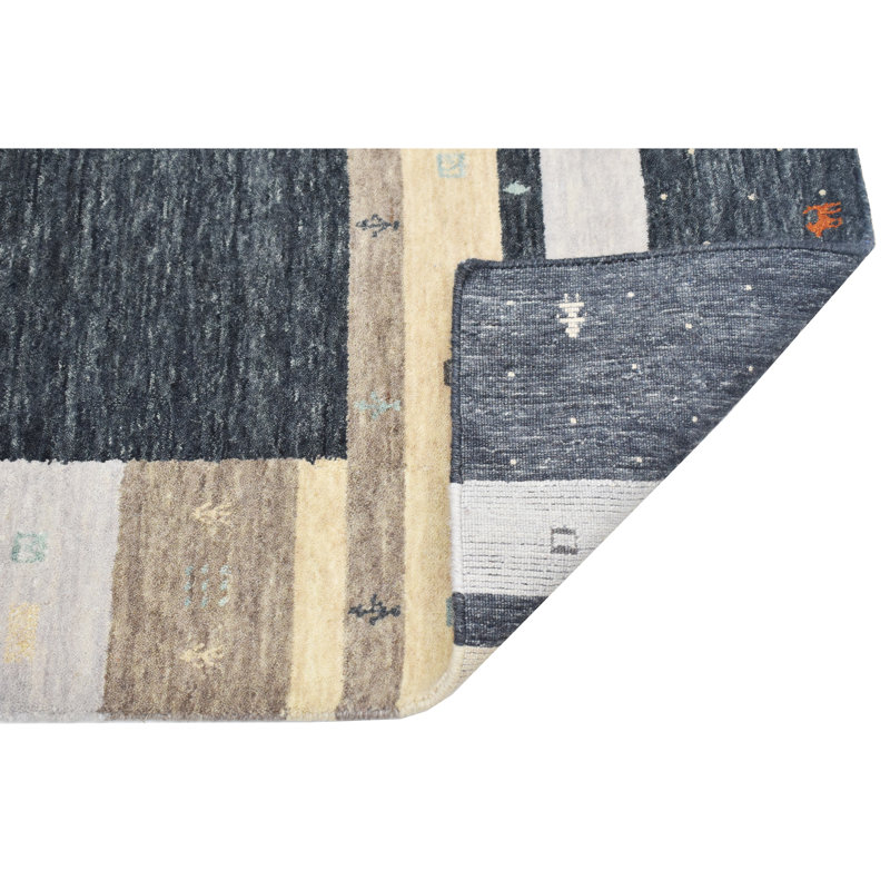 Hand Knotted Wool Area Rug in Black/Beige/Gray/Blue, Rectangle 4' x 6'