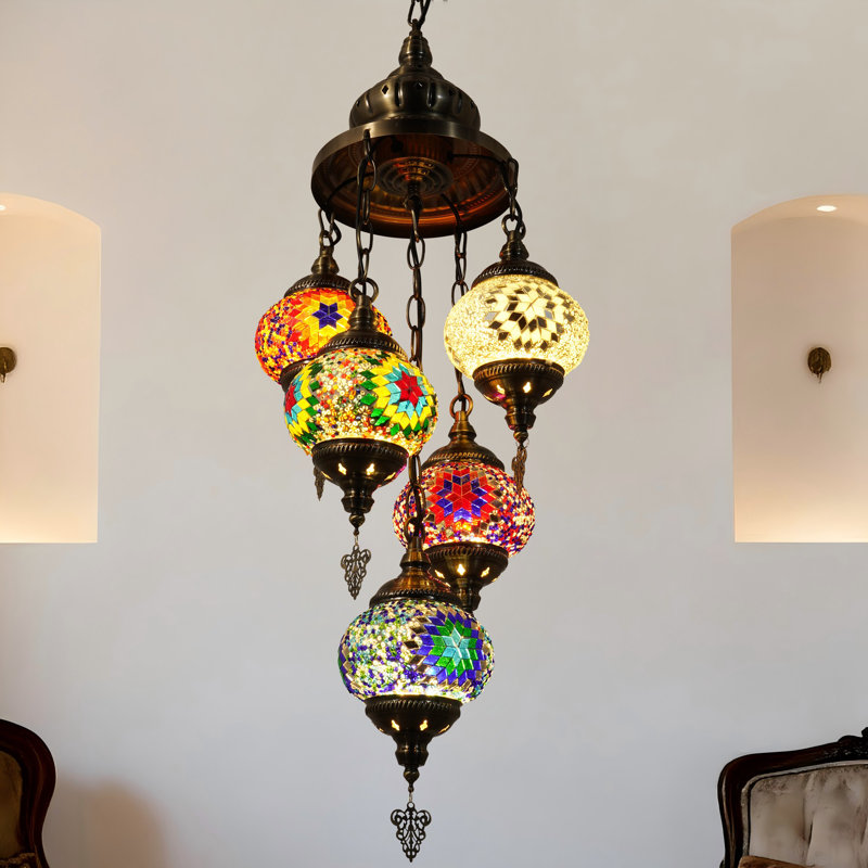 Luminaire suspendu 5 lumières en verre coloré de style Tiffany