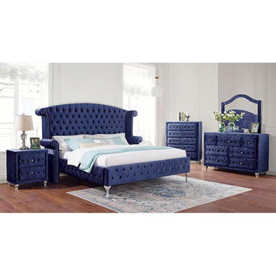 Glamorous Blue 1Pc Queen Size Bed Velvet Like Fabric Tufted Wingback Headboard Bedroom Furniture