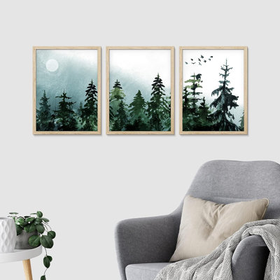 «Woodland Forest Landscape» IDÉE4WALL, art mural encadré de pins, ensemble de 3 impressions murales aquarelle lune et oiseau, décoration murale nature sauvage pour salon, chambre à coucher, 3 pièces