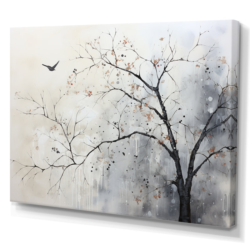 Minimalisme, oiseaux monochromes sur branche I - art mural arbres, H 24 po x l 32 po x P 1 po, Toile tendue