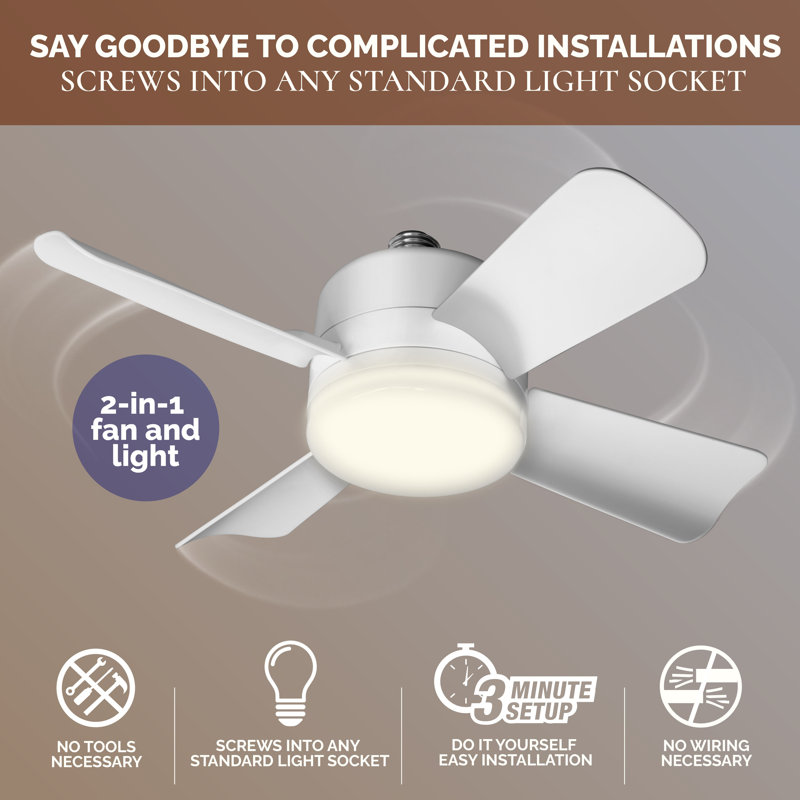 Bell + Howell Socket Fan Ceiling Fan with 1000 Lumens Warm Light, White