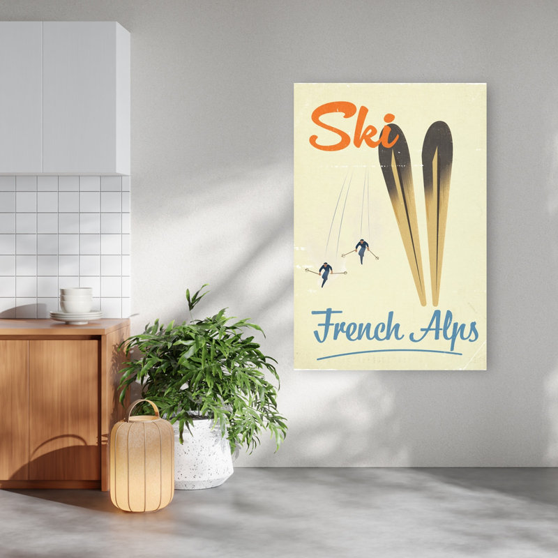 Affiche murale classique de ski des Alpes françaises, style rétro vintage, représentant une montagne en hiver