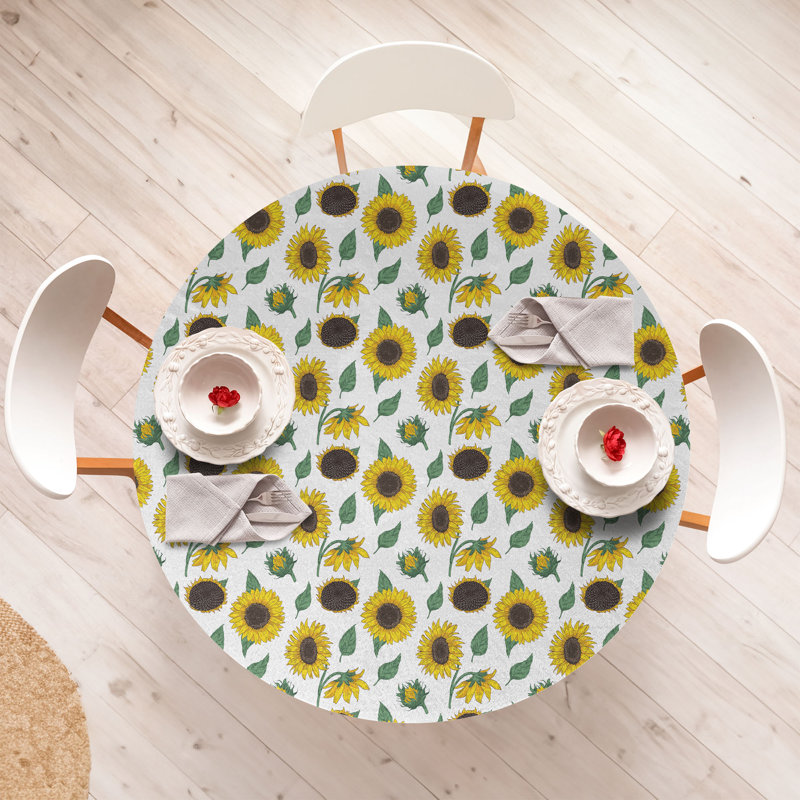 Ebern Designs Sunflower Fitted Round TableclothReseda Green Dark Brown 74332, 51.97" Round