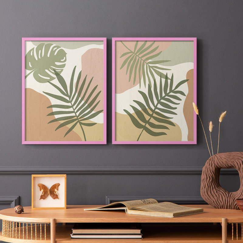 Impression encadrée Mid-Century Palm I-Premium - prête à être accrochée - aucun clou requis - aucun clou requis, Rose