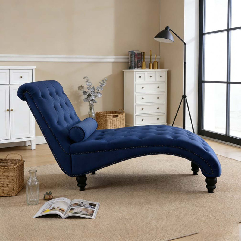 Velvet Recliner Chair with Button Tufting, Navy