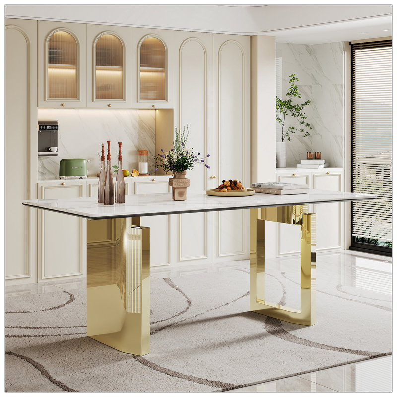 0.47" Thick Sintered Stone Composite Tempered Glass Top Rectangular Dining Table With Stainless Steel Base