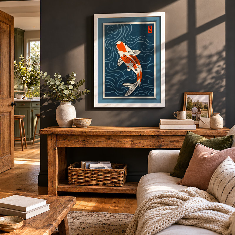 Dancing Koi Japandi - Framed Print, A4 - 29.7 x 21.0 cm, White