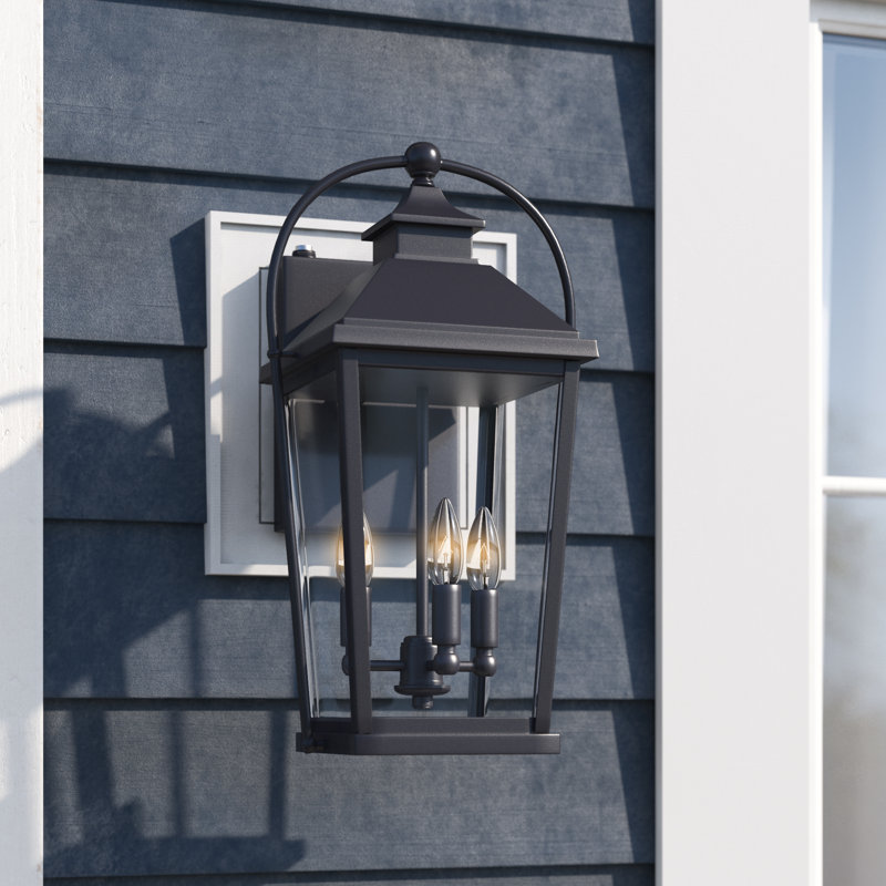 Applique murale d'extérieur traditionnelle Hanoverton à 3 lumières H 17,25 po texturée noir Dusk to Dawn, acier durable, abat-jour en verre transparent, compatible avec les DEL pour la porte d'entrée de patio ou de garage