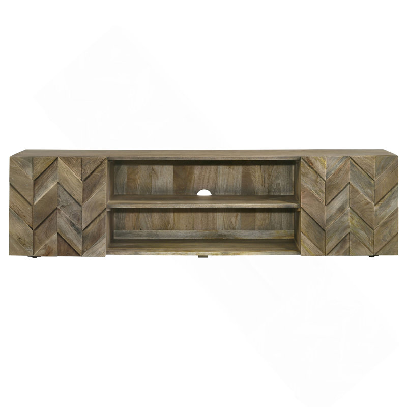 Charmant meuble télé de style campagnard avec motif à chevrons, deux portes et tablettes ouvertes pour téléviseurs de 80 po ou moins