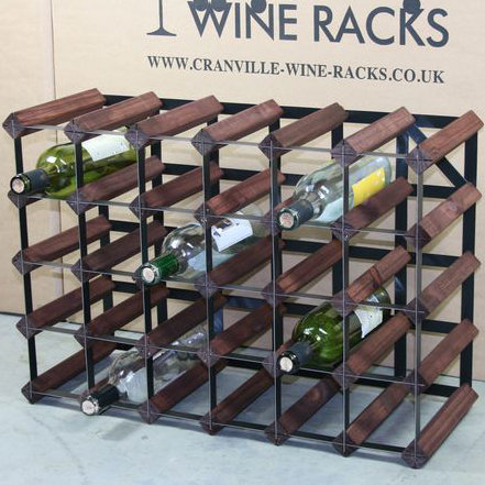 Felica 30 Bottle Floor Wine Bottle Rack, Dark Oak Stained Pine / Black Steel