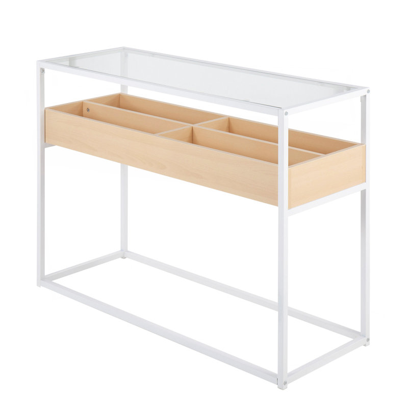 Console contemporaine en métal blanc, bois naturel et verre transparent