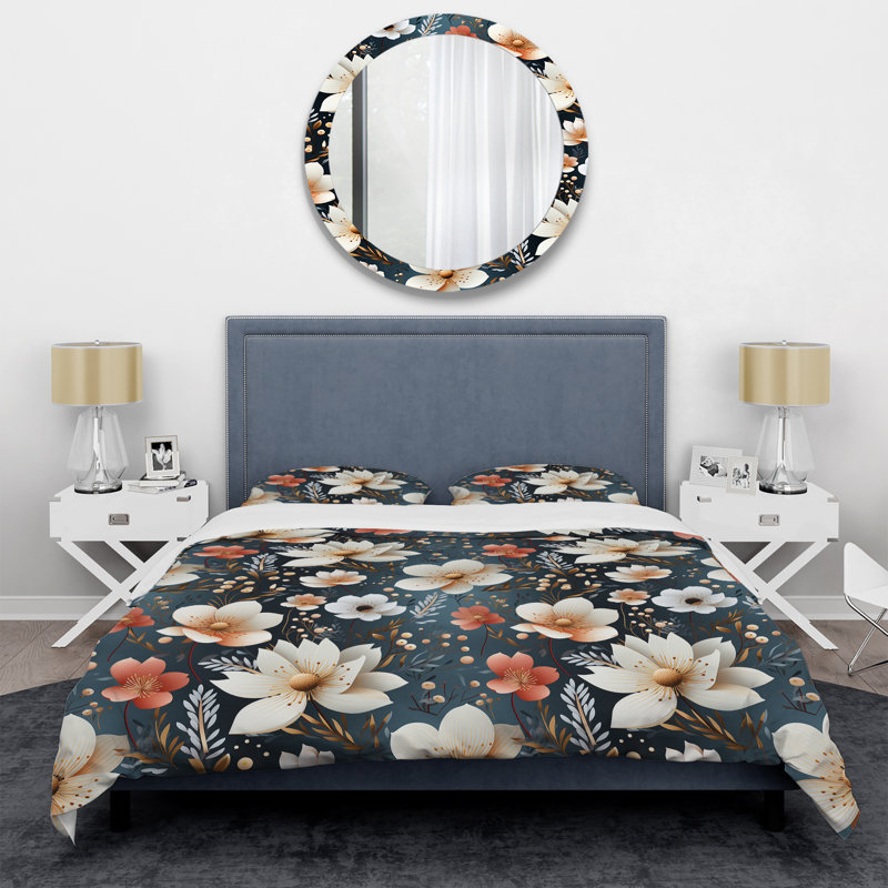 Ensemble de housse de couette à motif floral rustique blanc, Housse de couette pour grand lit et 2 taies décor