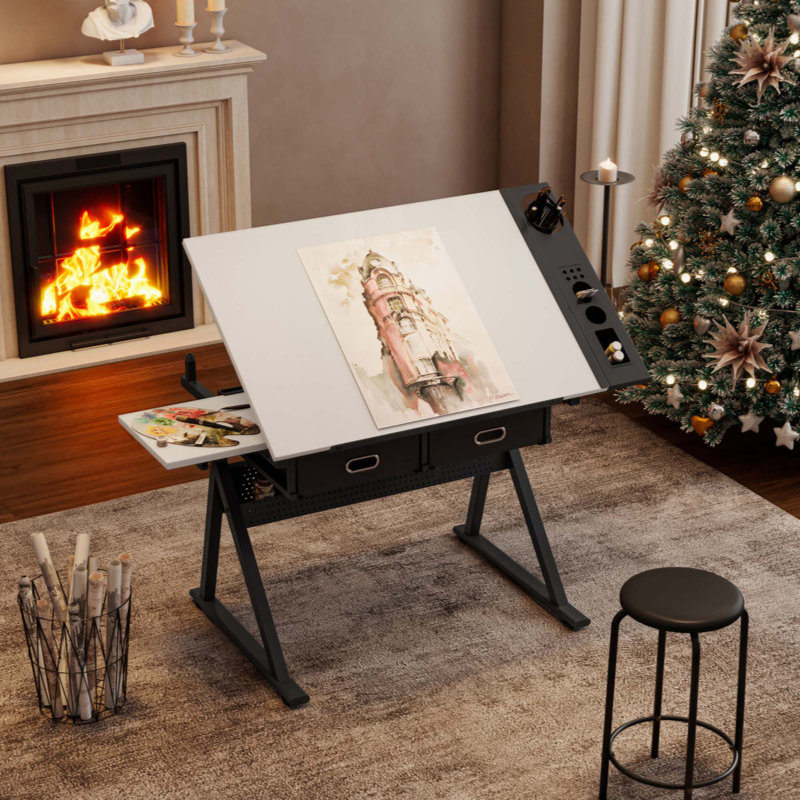Bureau de dessin réglable avec tabouret et 2 tiroirs pour le bureau personnel, Blanc
