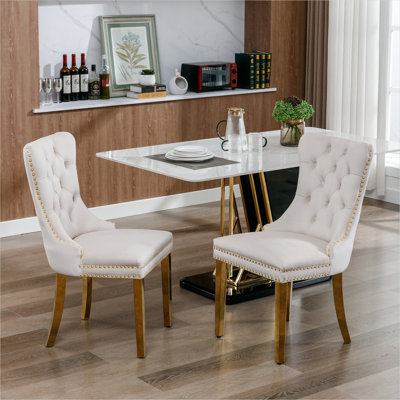 Velvet Upholstered Dining Side Chair with Nailhead Trim and Gold Legs, Set of 2, Linen Beige