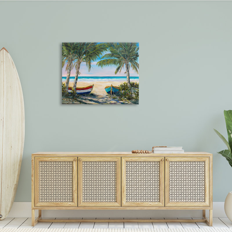 Canots à rames sur la plage, palmiers tropicaux, Toile tendue, H 30 po x l 40 po x P 1,5 po