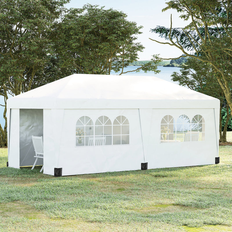 Auvent escamotable 10 'x 19,5' avec parois latérales - Fonction réglable en hauteur pour les activités de plein air, l'utilisation de jardin et de patio, portes doubles, étui de transport à roulettes, barrière Uv30 +, modèle blanc et fête