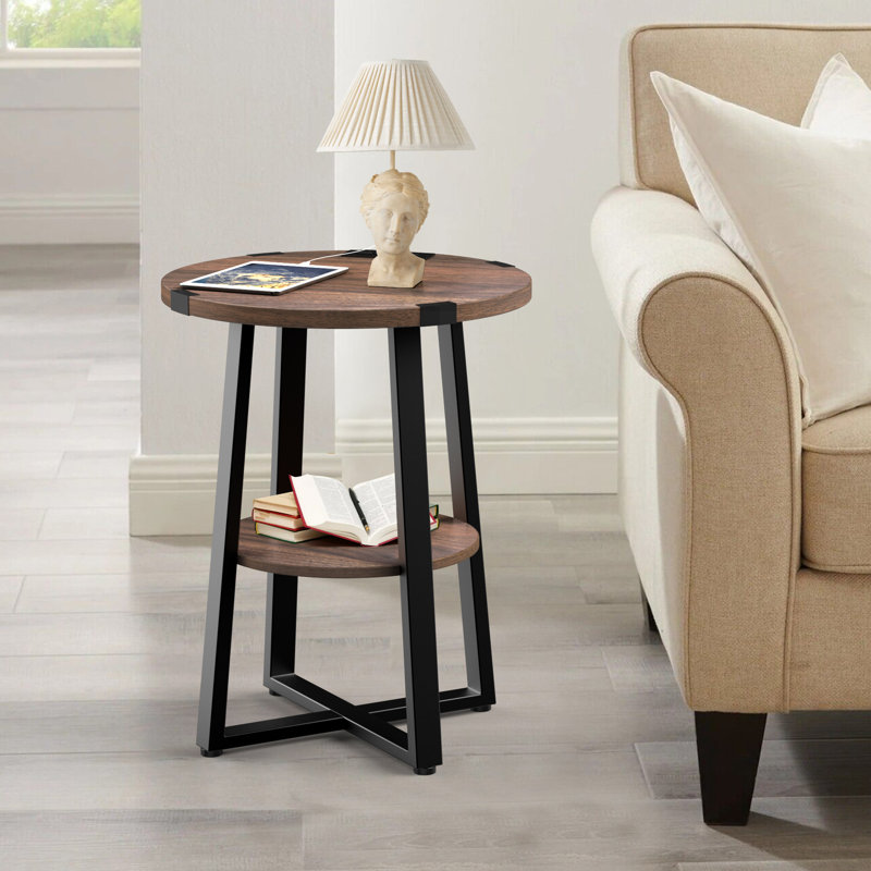 Jalanda Tall End Table with 2 USB Ports, 2 Power Outlets, and 2-Tier Storage Shelves, Dark Walnut