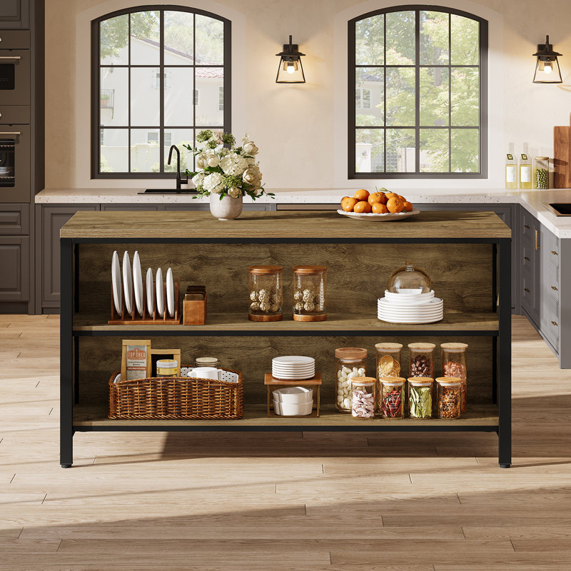 Îlot de cuisine de 63 po avec rangement et sièges, grande table fixe pour îlot de cuisine avec tablettes ouvertes pour la cuisine et la salle à manger