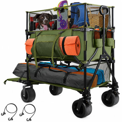 54" Double Decker Wagon Cart with Wheels Foldable, 550L Large Capacity Collapsible Wagon, 550LBS Load Heavy Duty Wagons Carts, Retractable Height & Extra Long Folding Beach Wagon