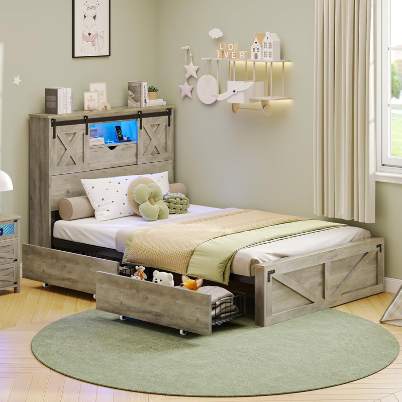 Farmhouse Bed Frame With 2 Storage Drawers, Wooden Platform Bed With Led Lights And Charging Station, Rustic Headboard With Sliding Barn Door Storage Cabinets