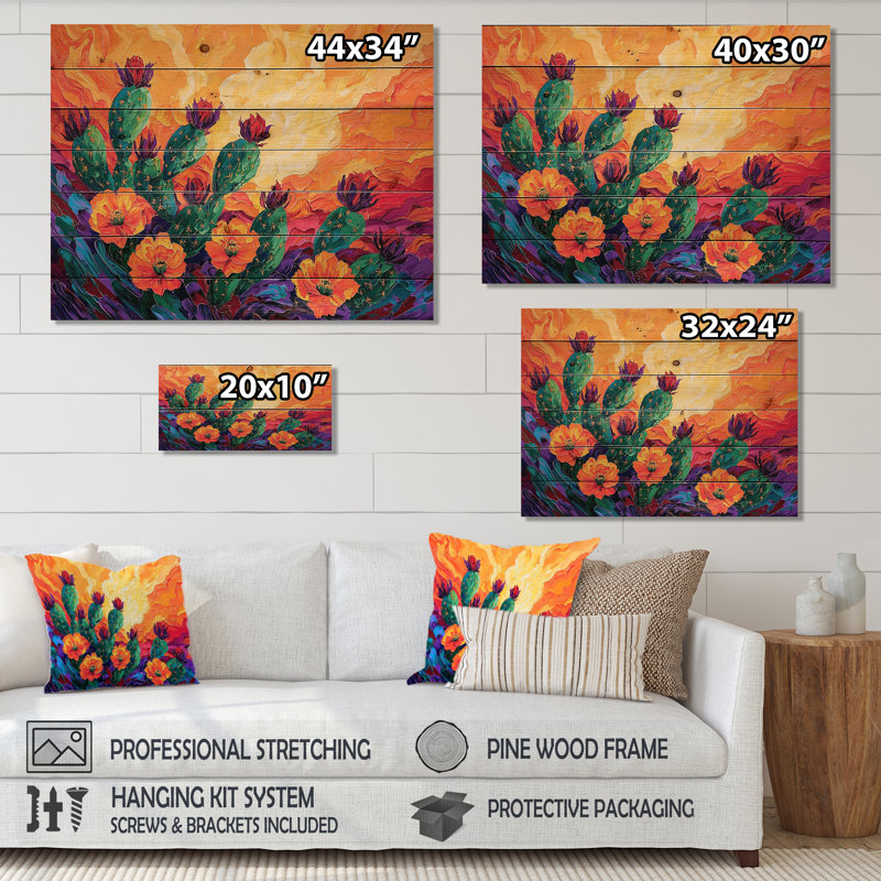 Cactus Prickly poire au coucher du soleil - Décoration murale traditionnelle en bois sur bois de pin naturel