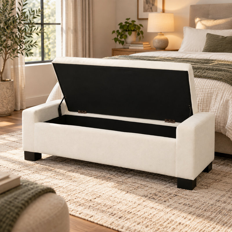 Banc de rangement rectangulaire avec repose-pieds, tissu blanc 50 pouces avec couvercle à charnières