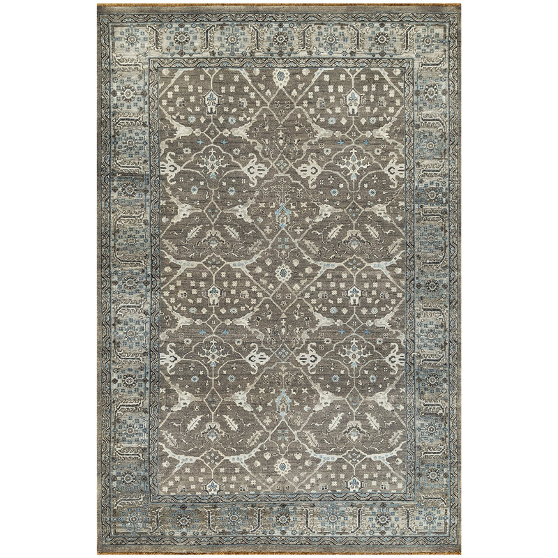 Tapis rectangulaire en laine noué à la main brun / gris / noir, Rectangle 8 pi x 10 pi